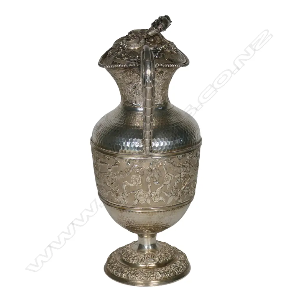 19thC elaborate Chinese silver wine decanter attributed to Tu Mao Xing, Image 1++
