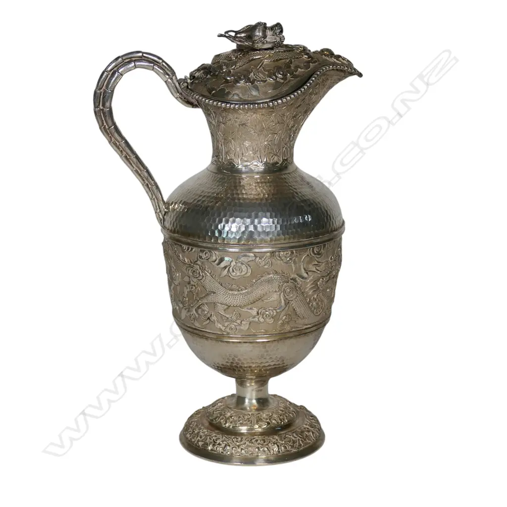 19thC elaborate Chinese silver wine decanter attributed to Tu Mao Xing, Image 1++