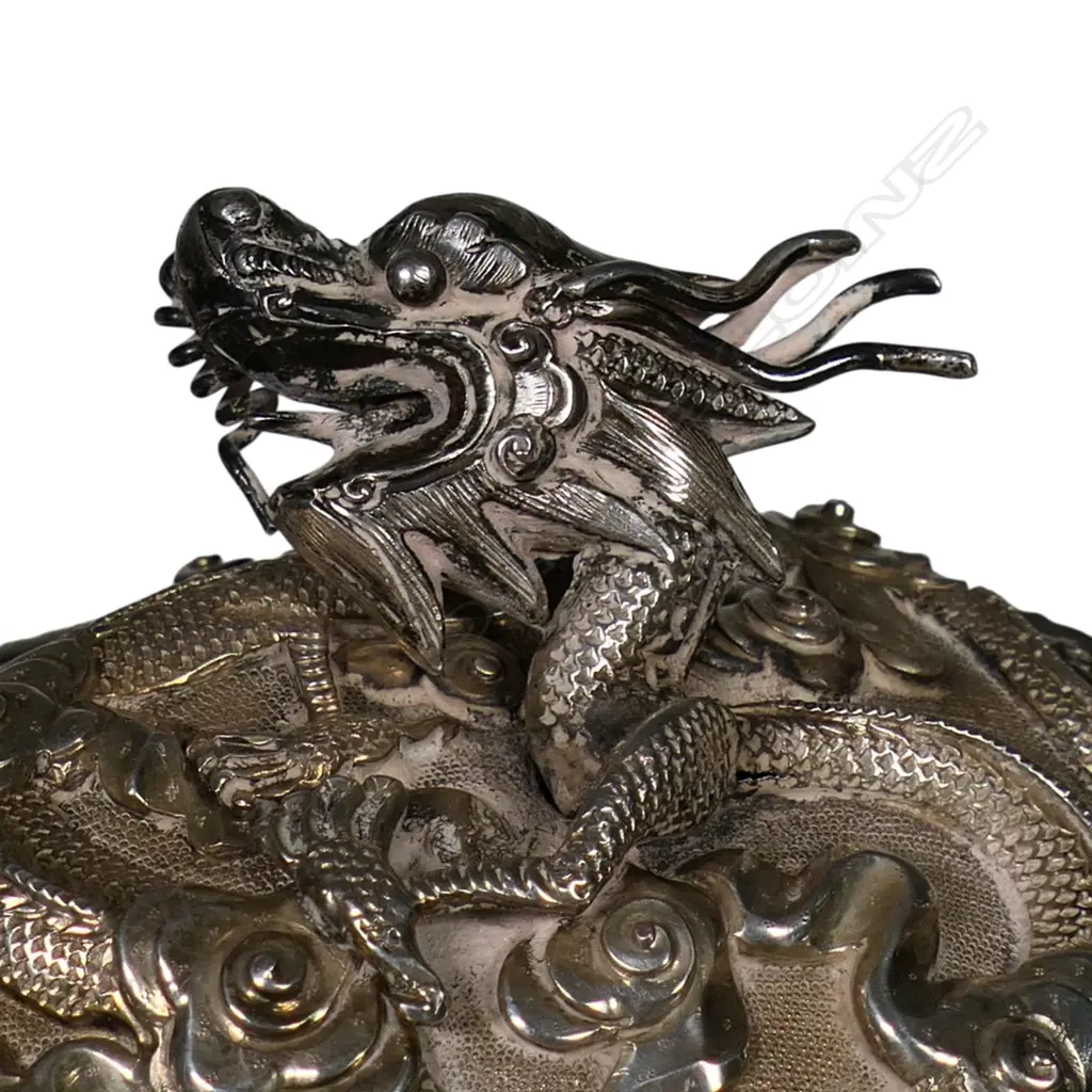 19thC elaborate Chinese silver wine decanter attributed to Tu Mao Xing, Image 1++