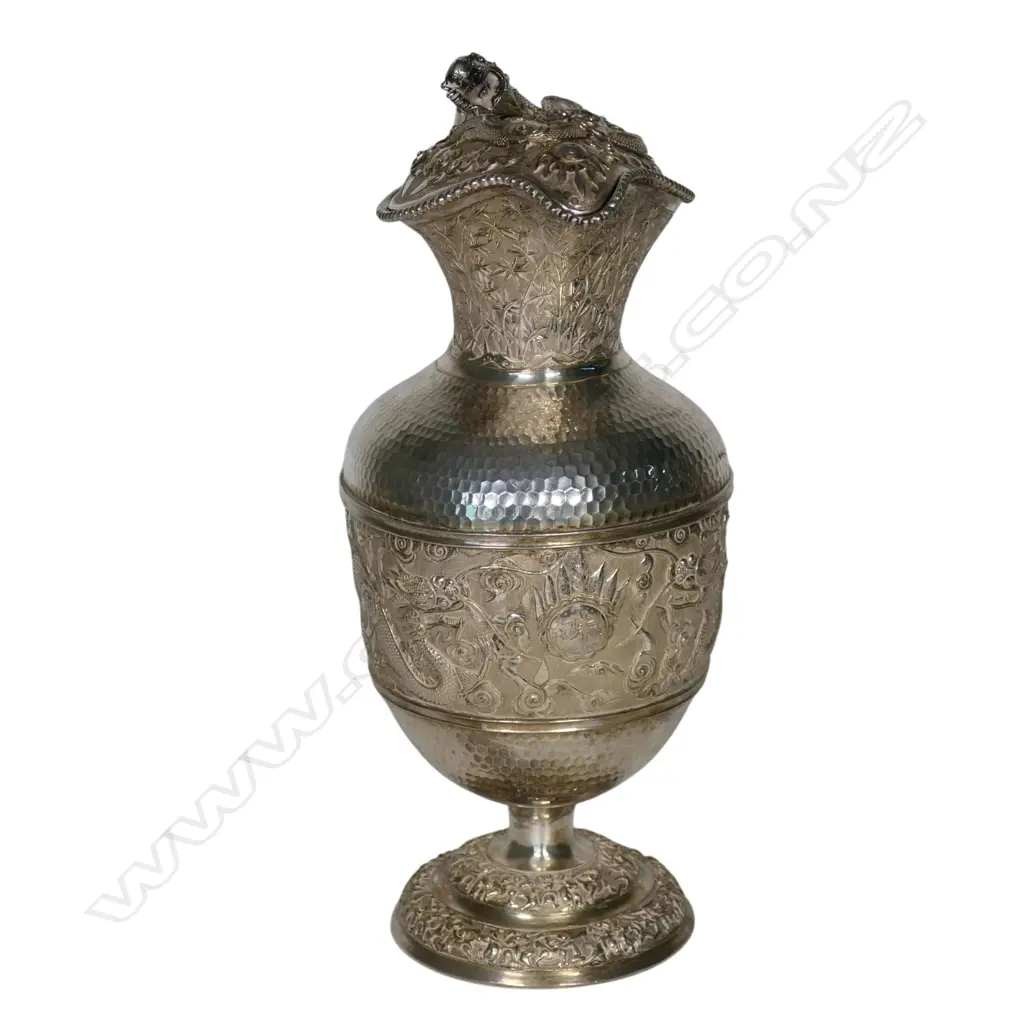 19thC elaborate Chinese silver wine decanter attributed to Tu Mao Xing, Image 1++