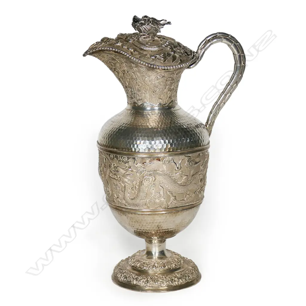 19thC elaborate Chinese silver wine decanter attributed to Tu Mao Xing, Image 1++