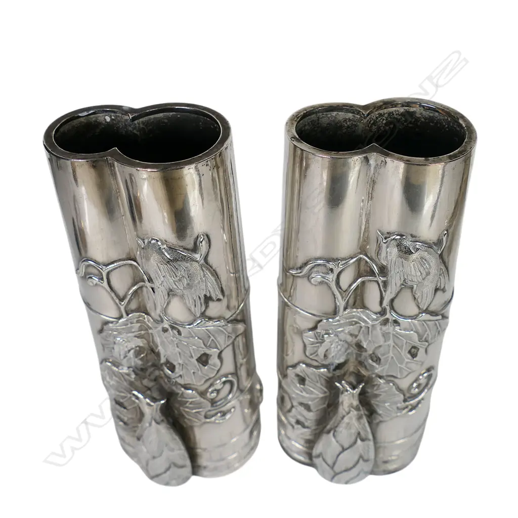 C.1900 Chinese silver pair of vase attributed to Wang Hing, Image 1++