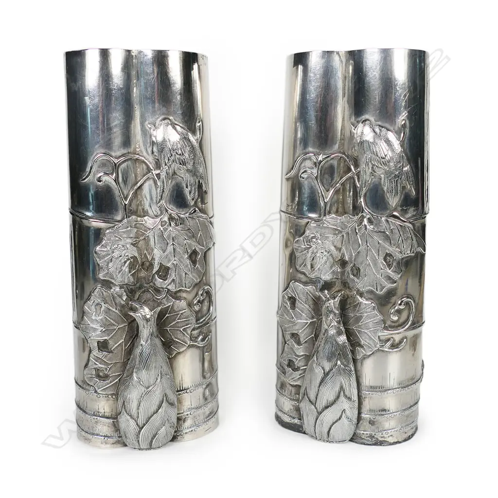 C.1900 Chinese silver pair of vase by Wang Hing, Image 1++