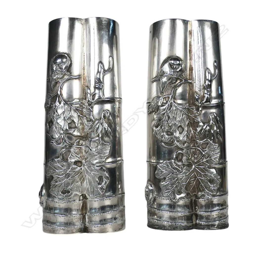 C.1900 Chinese silver pair of vase attributed to Wang Hing, Image 1++