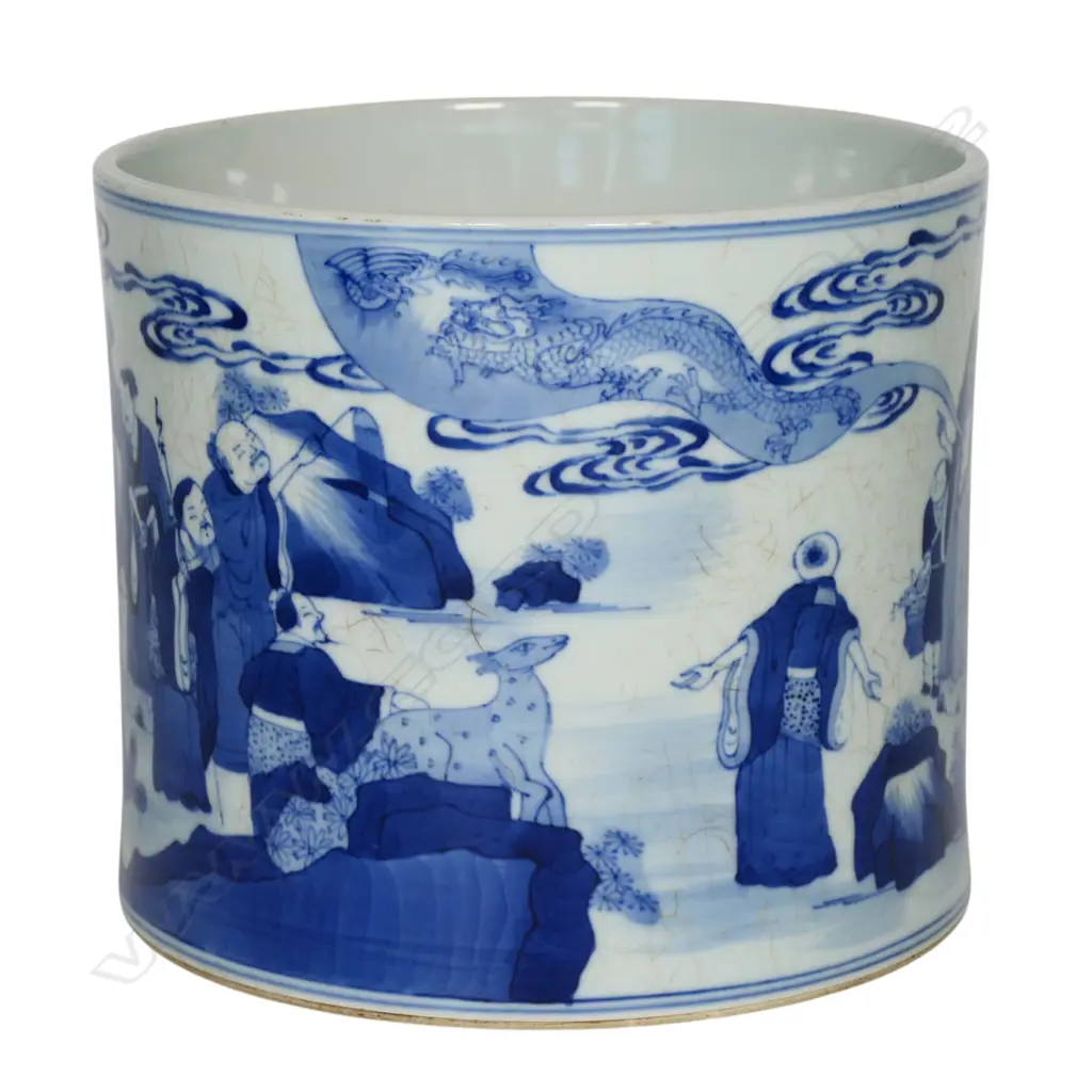 A Chinese Kangxi style blue and white brush holder, Image 1++