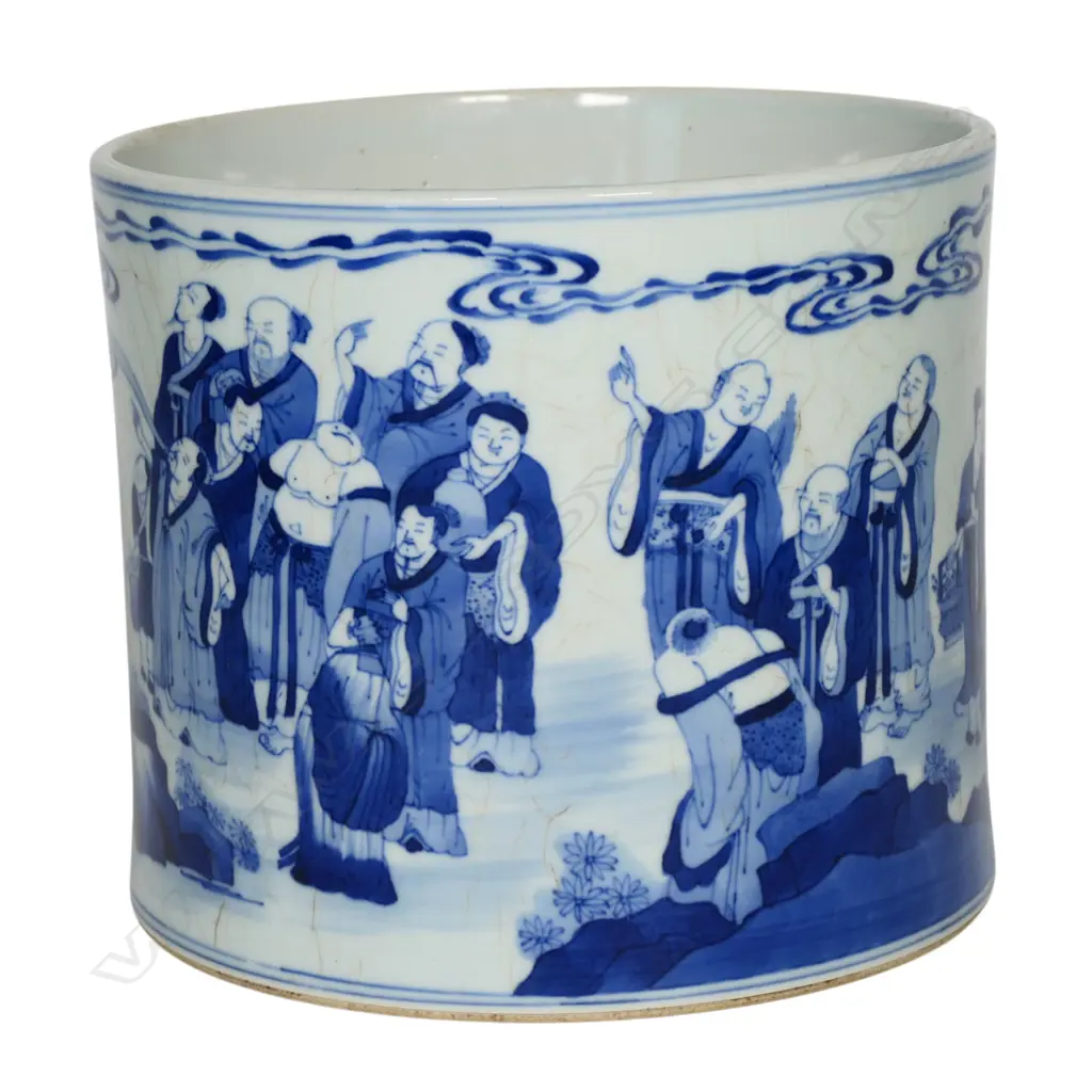 A Chinese Kangxi style blue and white brush holder, Image 1++