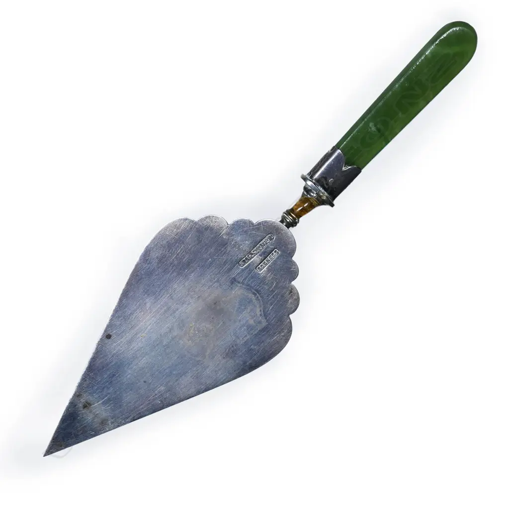E Souness (Dunedin) silver and greenstone presentation small trowel, Image 1++