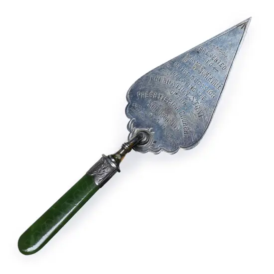 E Souness (Dunedin) silver and greenstone presentation small trowel,