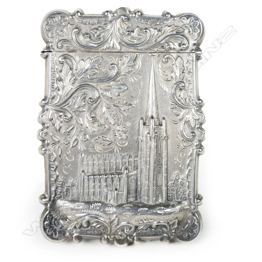 A 19thC American silver architecturally embossed card case, Image 1++