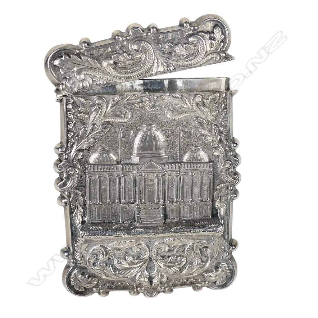 A 19thC American silver architecturally embossed card case, Image 1++