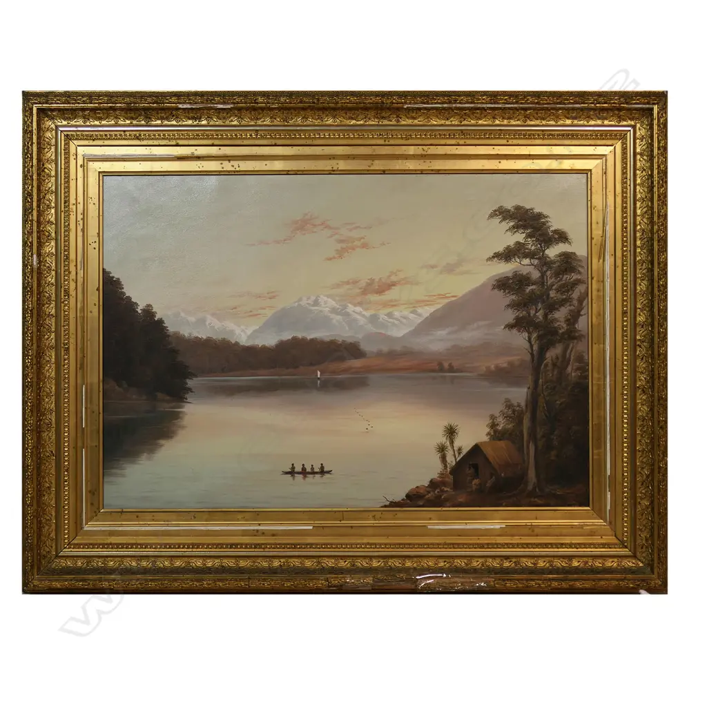 William George Baker (NZ 1864-1929) Mountainous Lake Scene with Maori Whare and Canoe, Image 1++