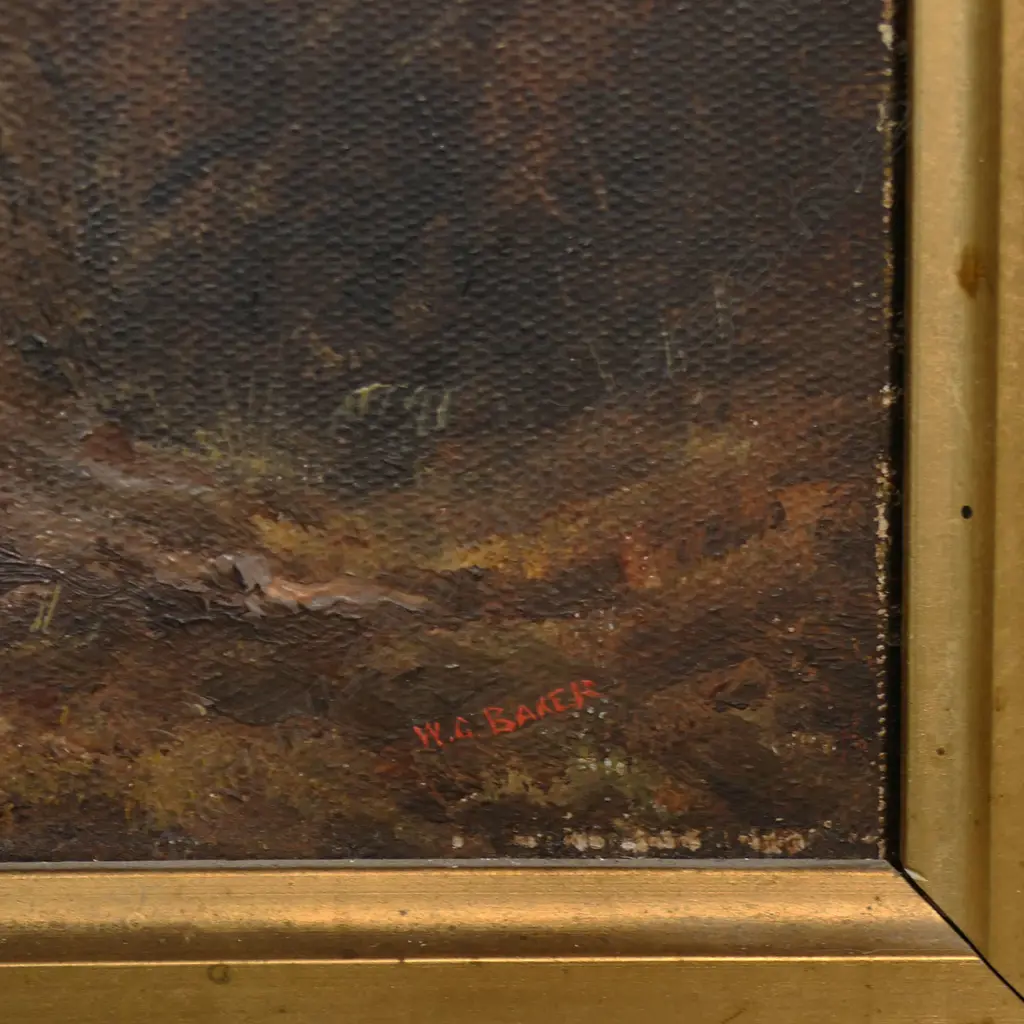 William George Baker (NZ 1864-1929) Mountainous Lake Scene with Maori Whare and Canoe, Image 1++