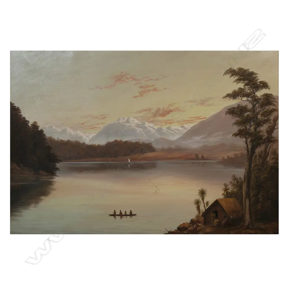 William George Baker (NZ 1864-1929) Mountainous Lake Scene with Maori Whare and Canoe, Image 1++