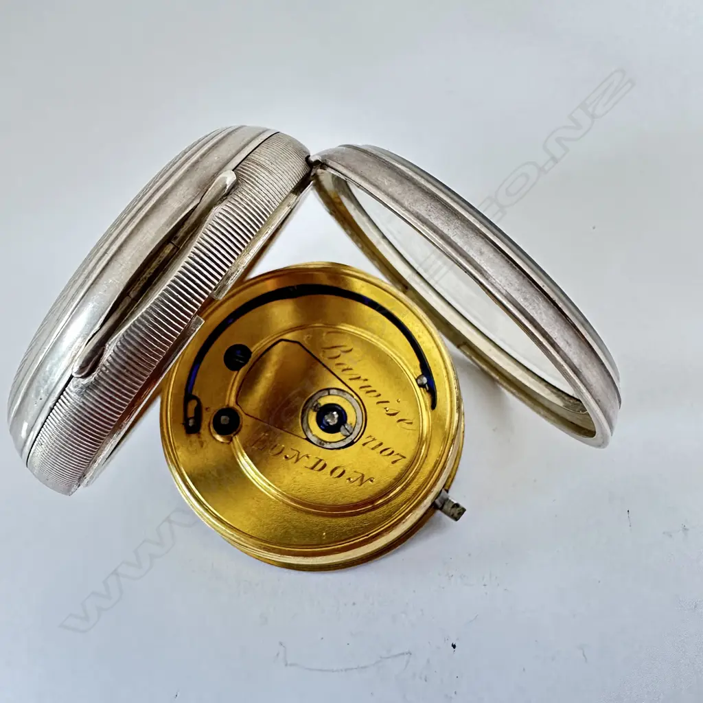 Substantial Victorian silver cased open face pocket watch, the keywind movement of earlier period by Barwise, London, number 7107 Image 1++