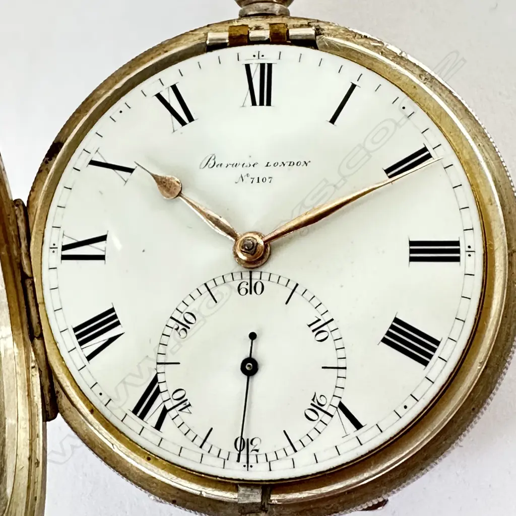 Substantial Victorian silver cased open face pocket watch, the keywind movement of earlier period by Barwise, London, number 7107 Image 1++