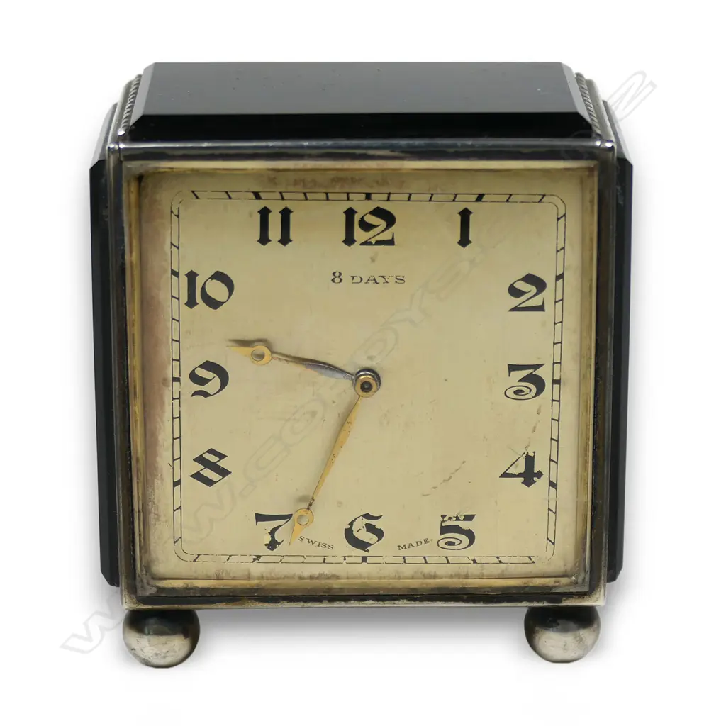 An Art Deco Swiss 925 silver and onyx small desk clock, Image 1++