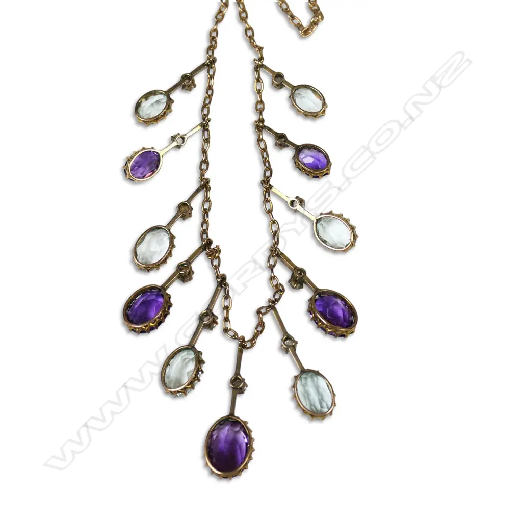 An Edwardian 9ct gold amethyst and aquamarine necklace, Image 1++