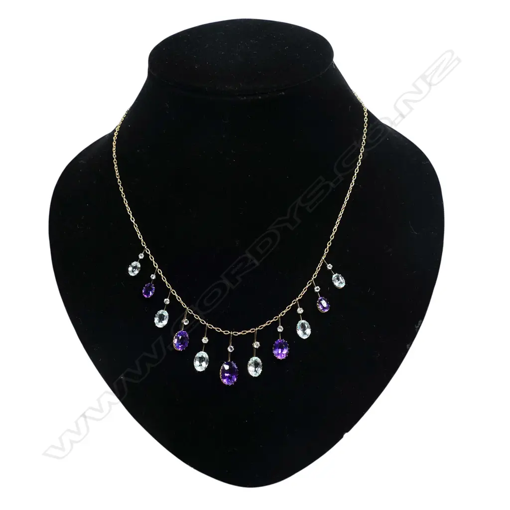 An Edwardian 9ct gold amethyst and aquamarine necklace, Image 1++