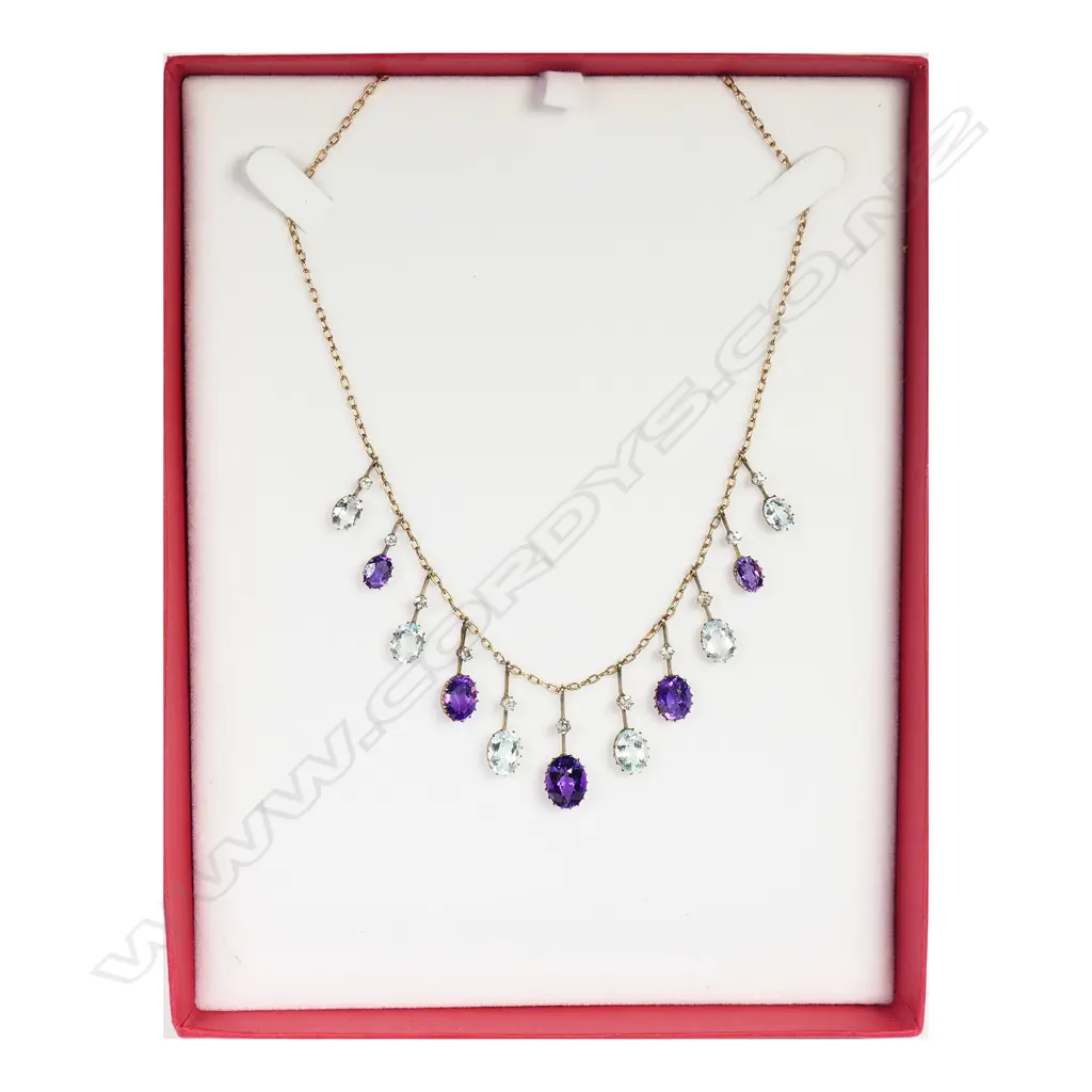 An Edwardian 9ct gold amethyst and aquamarine necklace, Image 1++