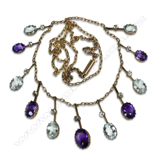 An Edwardian 9ct gold amethyst and aquamarine necklace,