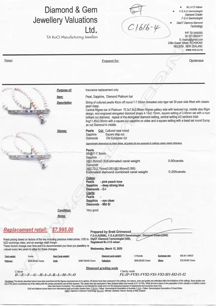 A cultured freshwater peach pearl necklace with platinum, sapphire and diamond set bar, Image 1++