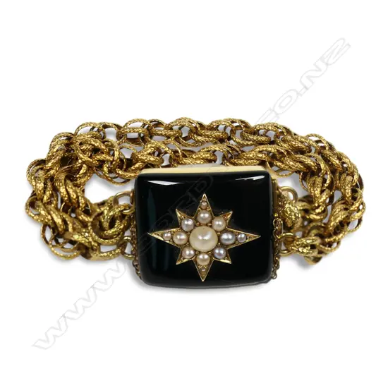 A Victorian 18ct gold onyx and pearl bracelet,