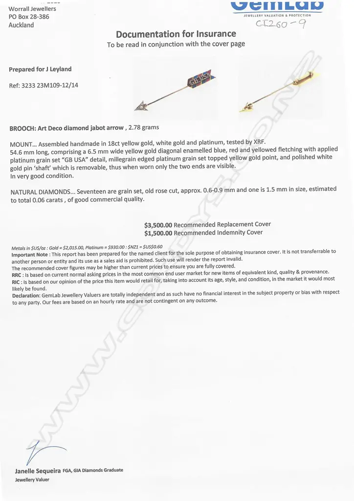 An Art Deco 18ct gold diamond and enamel jabot arrow, Image 1++