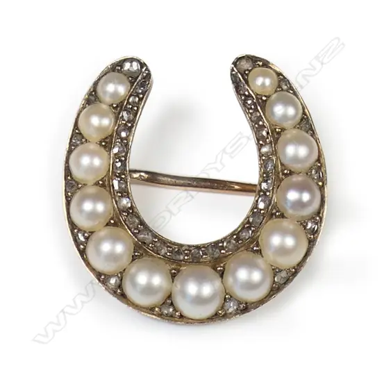 A 14ct gold pearl and diamond horseshoe brooch,