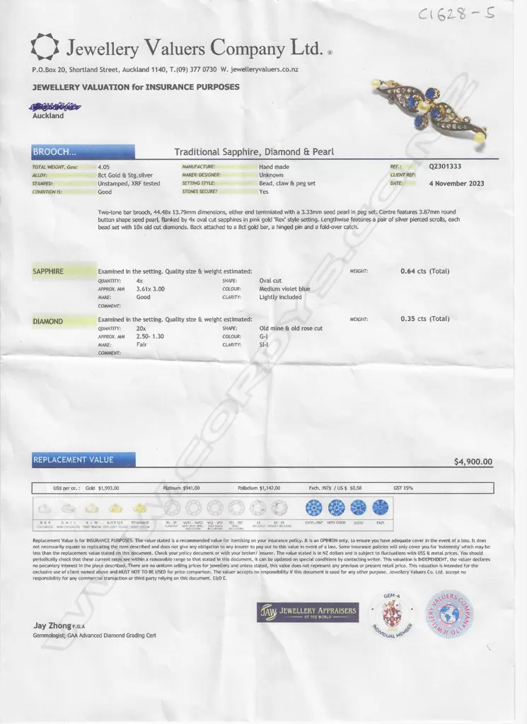 An 8ct gold and silver diamond sapphire and pearl brooch, Image 1++