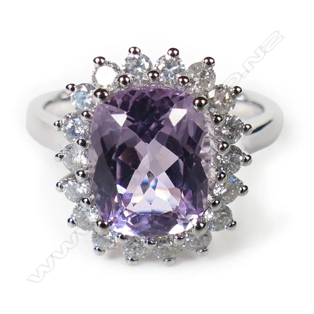 A 14ct white gold kunzite and diamond halo ring, Image 1++