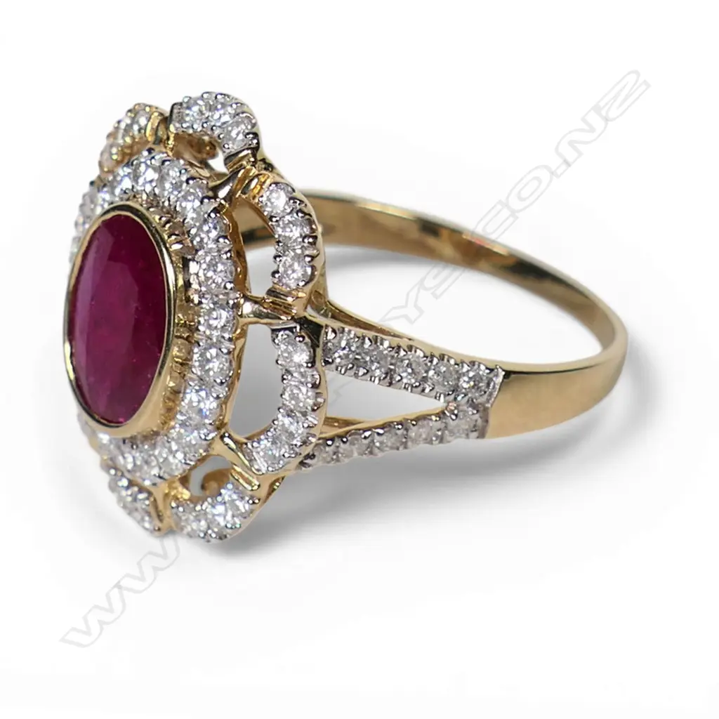 A 14ct gold ruby and diamond floral cluster ring, Image 1++