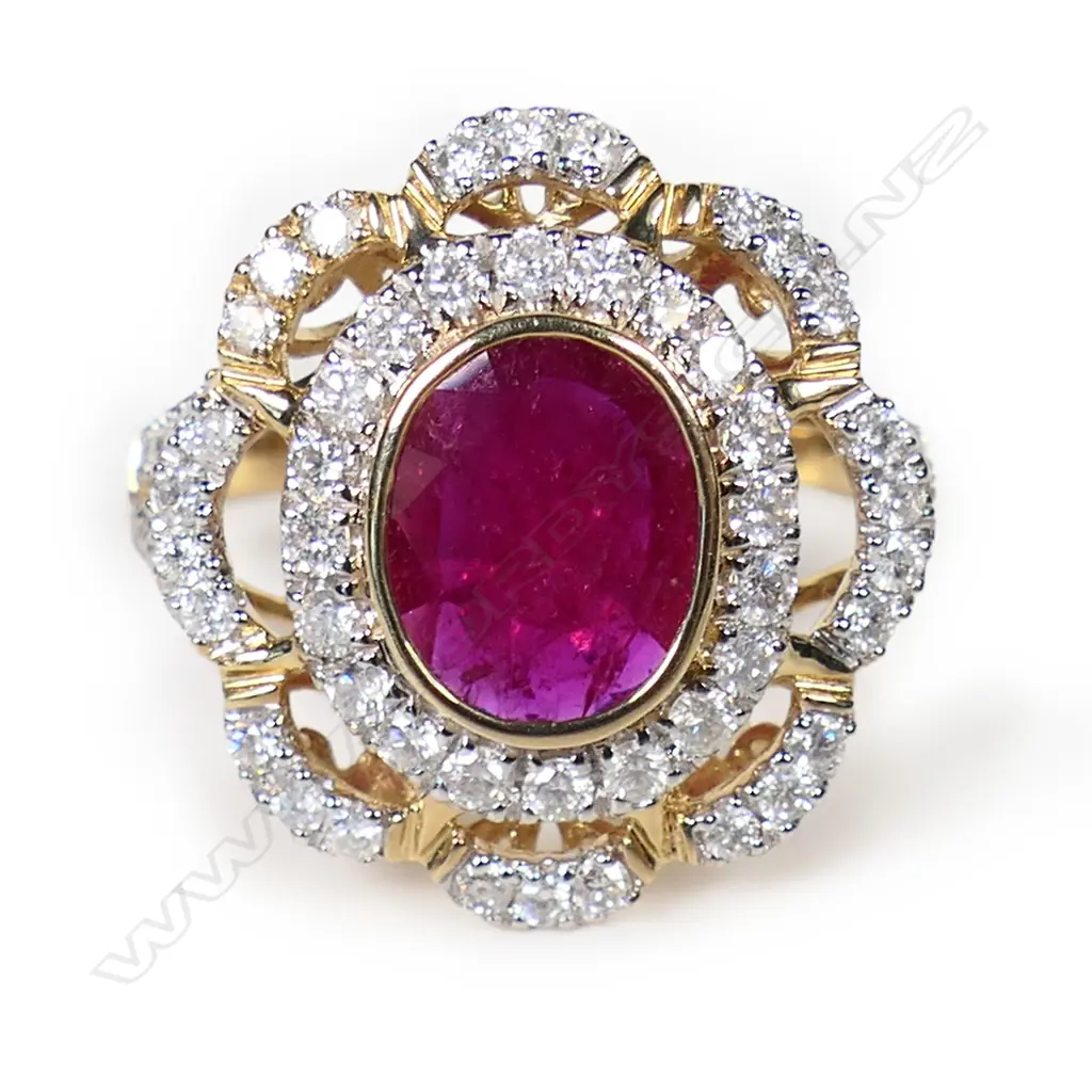 A 14ct gold ruby and diamond floral cluster ring, Image 1++