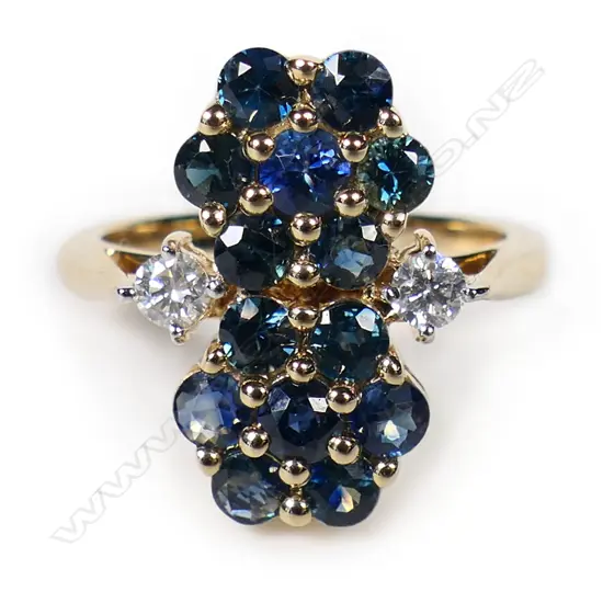 A 14ct gold sapphire and diamond double flower ring,
