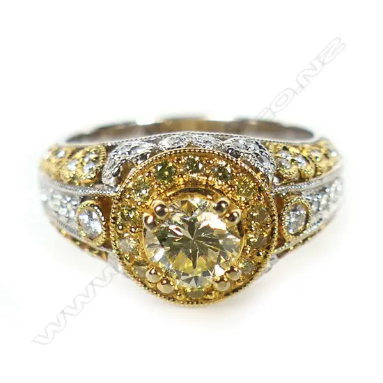 An 18ct white and yellow gold and fancy yellow diamond cluster ring,
