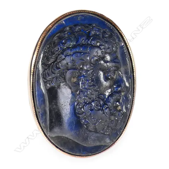A 19thC 9ct rose gold labradorite cameo portrait ring,