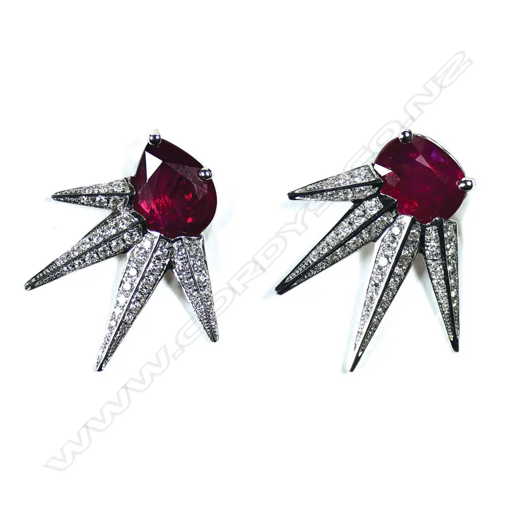 A pair of dramatic 18ct white gold ruby and diamond starburst earrings, Image 1++