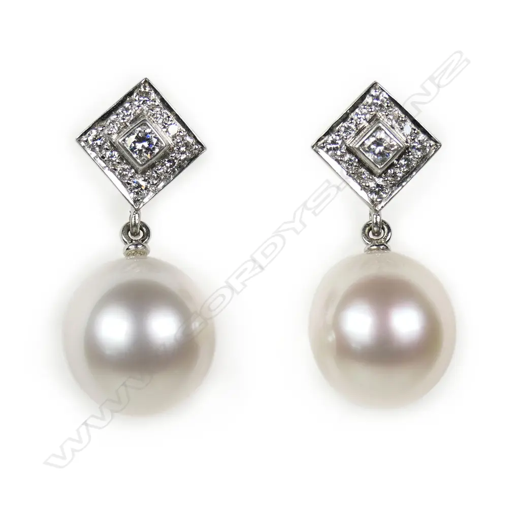 A pair of 18ct white gold South Sea cultured pearl and diamond drop earrings, Image 1++