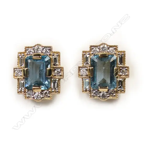 A pair of 14ct gold Art Deco style aquamarine and diamond earrings,
