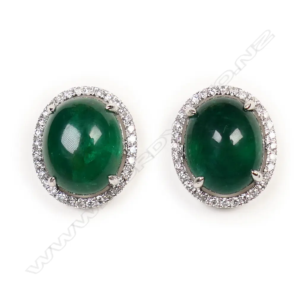 A pair of 18ct white gold emerald and diamond earrings, Image 1++