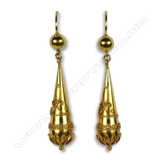 A pair of Etruscan style 15ct gold drop earrings,