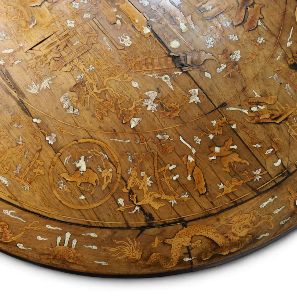 An impressive antique Chinese dining table the round top inlaid with multiple courtyard scenes, bamboo, willow trees, clouds, phoenix birds, etc, Image 1++