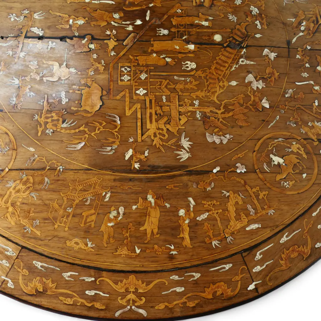 An impressive antique Chinese dining table the round top inlaid with multiple courtyard scenes, bamboo, willow trees, clouds, phoenix birds, etc, Image 1++