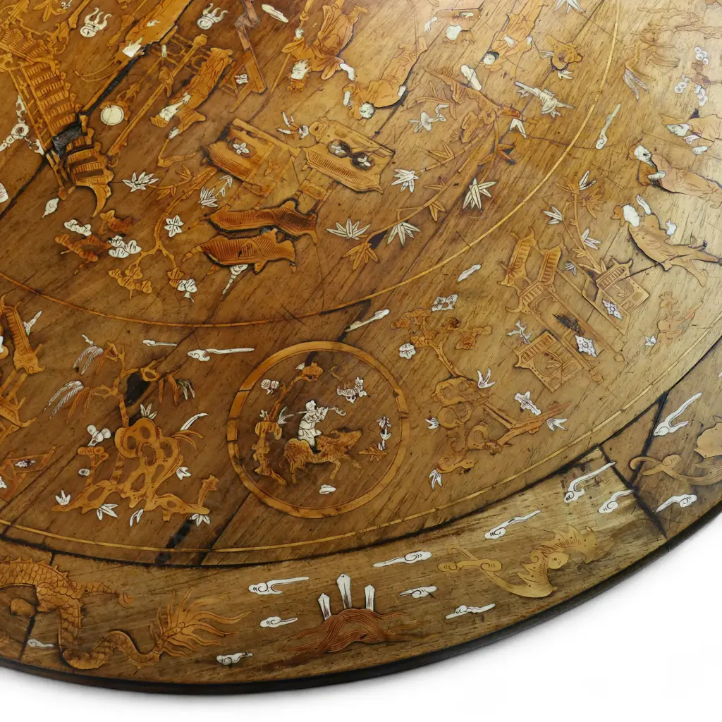 An impressive antique Chinese dining table the round top inlaid with multiple courtyard scenes, bamboo, willow trees, clouds, phoenix birds, etc, Image 1++