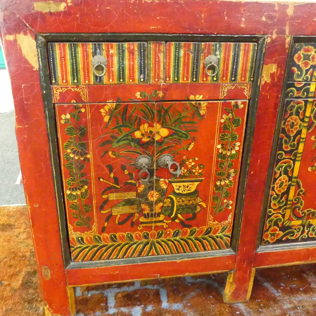 An old Tibetan red lacquer long sideboard, Image 1++