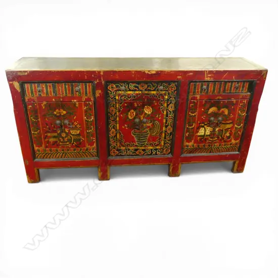 An old Tibetan red lacquer long sideboard,