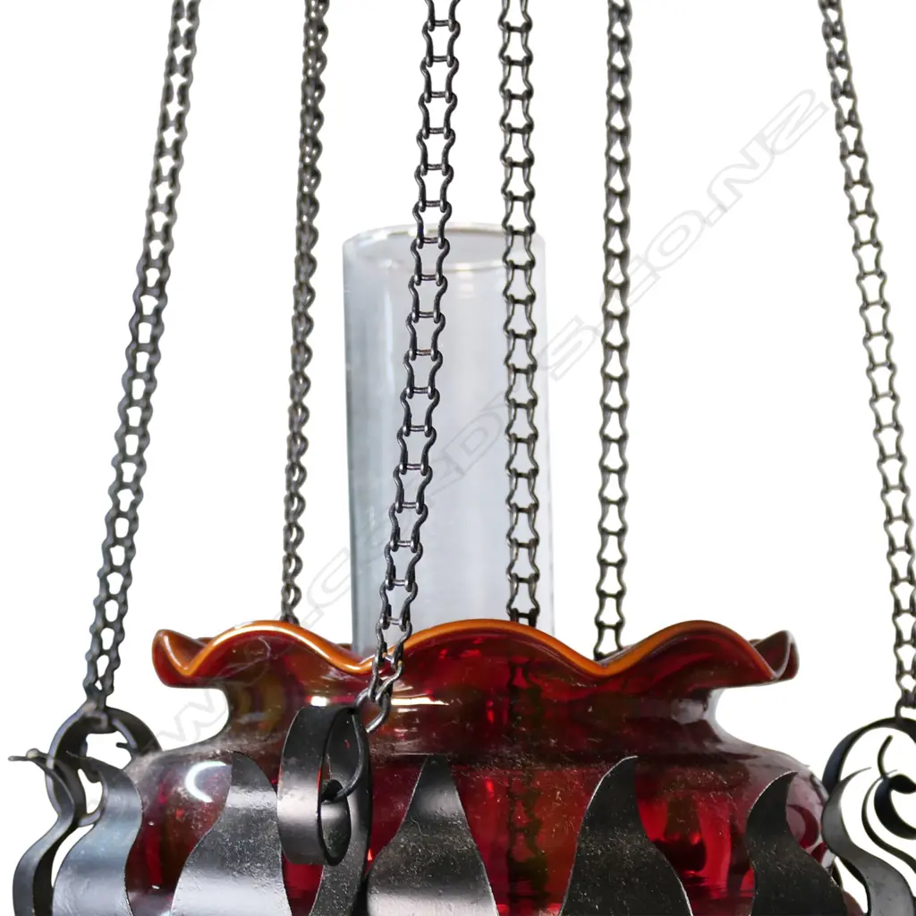 A Victorian cranberry glass hall/portico hanging lantern, Image 1++