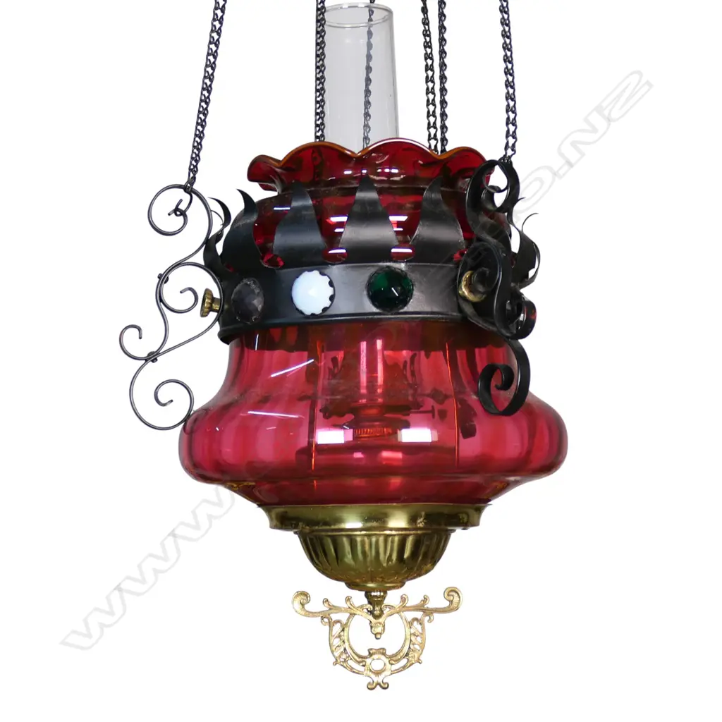 A Victorian cranberry glass hall/portico hanging lantern, Image 1++