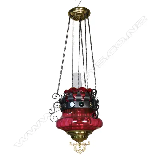 A Victorian cranberry glass hall/portico hanging lantern,