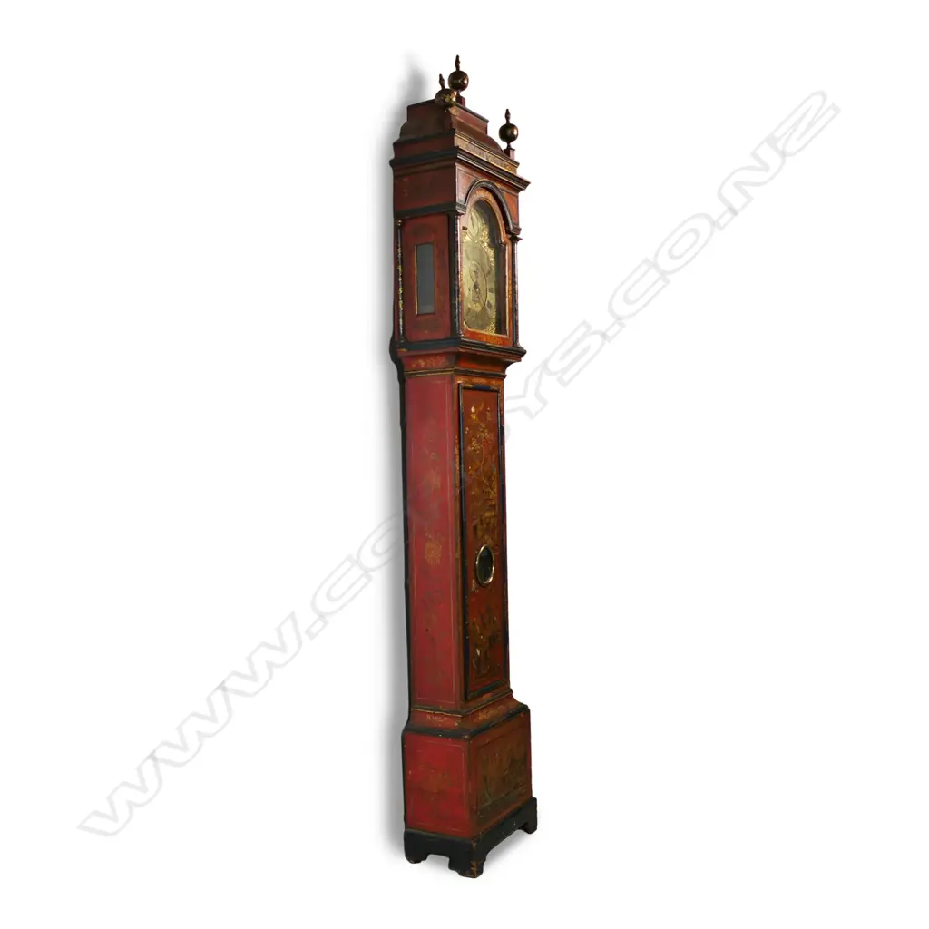 An 18thC red chinoiserie decorated pagoda top longcase clock, Image 1++