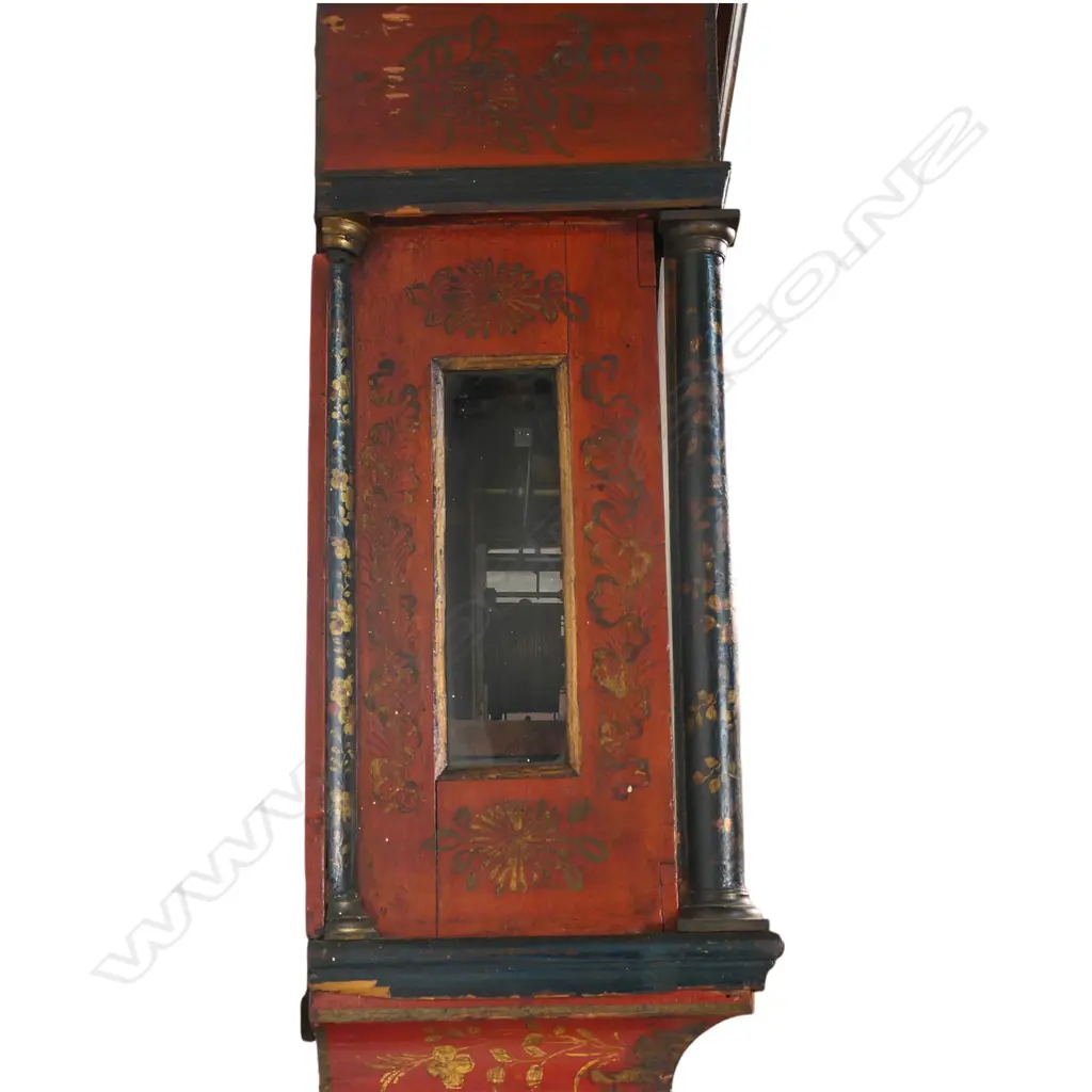 An 18thC red chinoiserie decorated pagoda top longcase clock, Image 1++